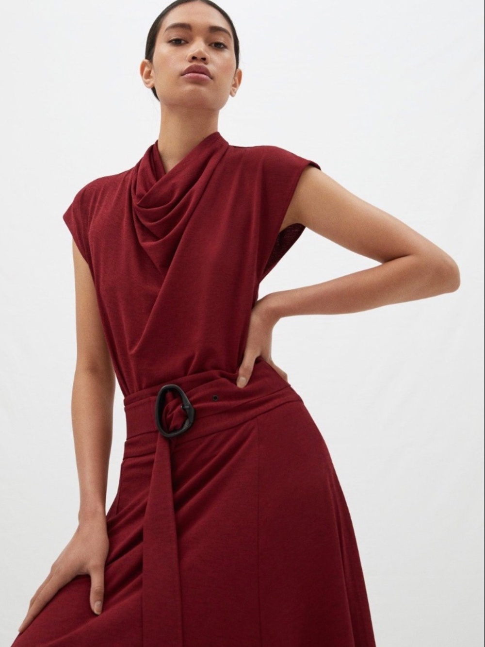 Adolfo Dominguez Burgundy Cowl Neck Top & Skirt Set – Designer Two-Piece